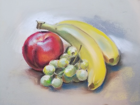 Still life. Pastel illustration with fruit drawn on gray paper. Banana, nectarine and green grape.の写真素材