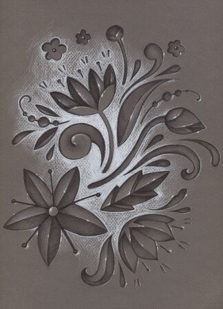Hand drawn illustration with chocolate flowers white highlight on brown textured paper.の写真素材