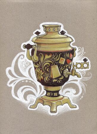 Russian samovar decorated in khokhloma style with the tea bag on side. Color pencil illustration.の写真素材