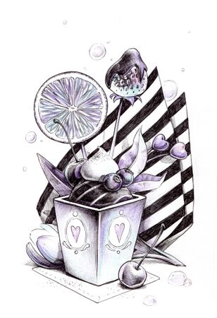 Elegance cupcake with fruit and tulip. Hand drawn illustration.の写真素材