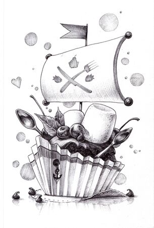 Pirate cupcake. Black ink illustration of sweet dessert with spoons and sail.の写真素材