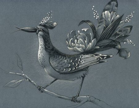 Fantastic bird with flower tail. Drawn on toned paper.の写真素材