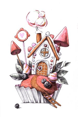 Gingerbread house decorative cupcake with bubbles out of the chimney.の写真素材