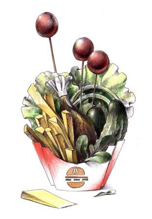 Box with fast food. Hand drawn illustration for cafe or restaurant.の写真素材