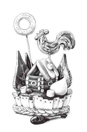 Cupcake styled as Russian traditional loaf decorated with bread house, cookies, marshmallow, chocolate trees caramel rooster.の写真素材