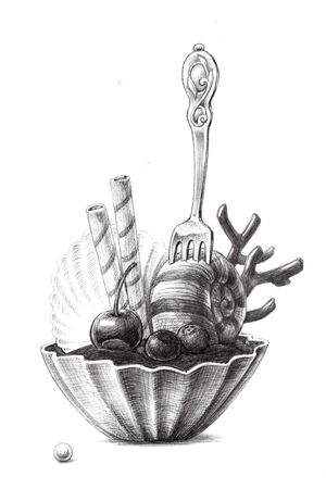 Decorative sea styled cupcake with shell, perl, coral and silver fork. Hand drawn illustration.の写真素材