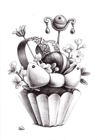 Japanese style decorative cupcake with the bow, cherry blossom and jewelry elements.の写真素材