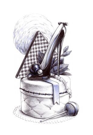 Fashion cute cupcake with decorative shoe on a high hill, lollipop, cotton candy and mint leaves. Pen drawn illustration.の写真素材