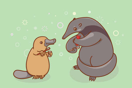 The ant-eater and the platypus are brushing their teeth and... beak. Illustration for activity book. Illustration of oral hygiene.のイラスト素材