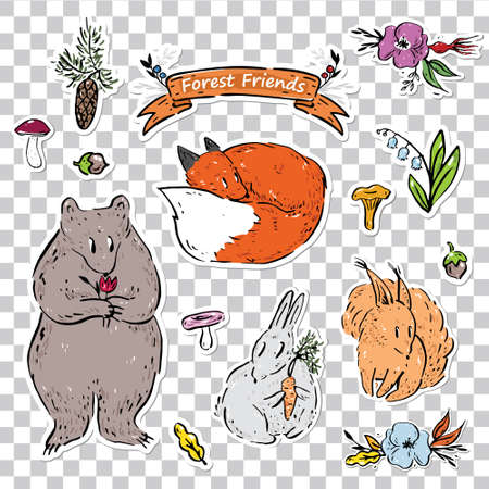 A set of stickers with animals from the forest.のイラスト素材