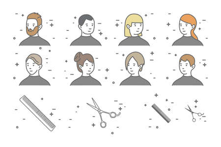 A set of eight portraits of men and women with different hairstyles in a beauty salon. Ole line Scissors and Comb icons.のイラスト素材