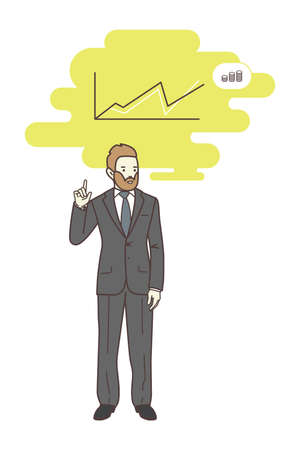 Businessman or manager recounts the income schedule. Presentation of revenue growth for investors. Thoughts bubble.のイラスト素材