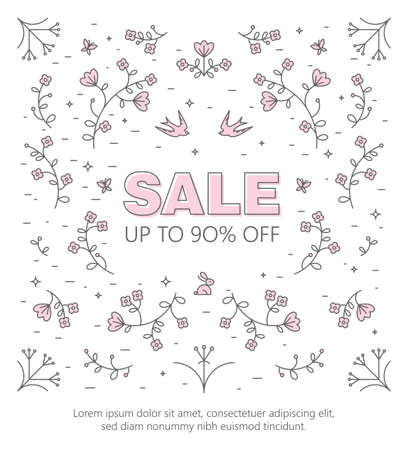 Spring sale banner with scattered flowers on white background. Vector illustration.のイラスト素材