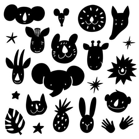 Cartoon animal heads bundle. Modern concept of flat design for kids cards, banners and invitations, stencil path for laser cutting of plywood or paper. Hand drawn vector illustration.のイラスト素材