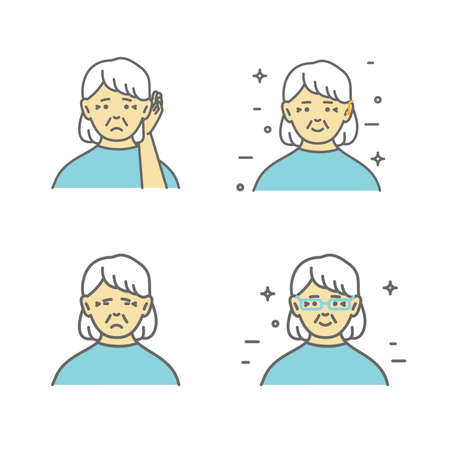 Senior, hard of hearing woman holding hand to her ear. Vector art, flat design on isolated background.のイラスト素材