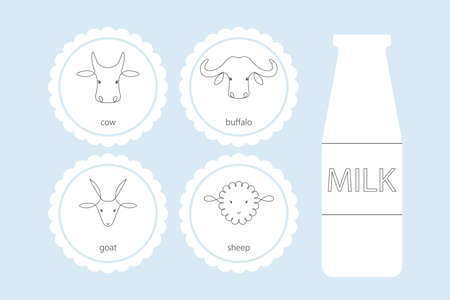 One line Icons of a cow, a goat, a sheep, a buffalo to mark different types of milk or cheese.のイラスト素材