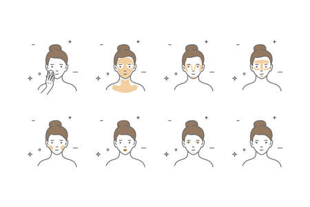Steps how to apply face make-up. Vector isolated illustrations set. Beauty make-up.のイラスト素材
