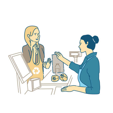 Shopper used eco bag for shopping in supermarket. Eco-life. Customer character. Rejection of a plastic bagのイラスト素材