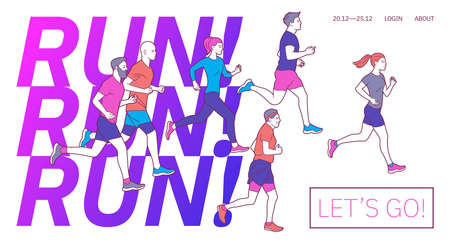 Jogging people. Runners group in motion. Running men and women sports background. People runner race, training to marathon, jogging and running illustration.のイラスト素材