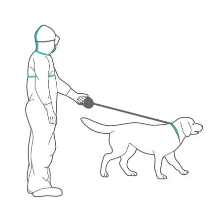 Man in protective suit and respirator is walking a dog.のイラスト素材