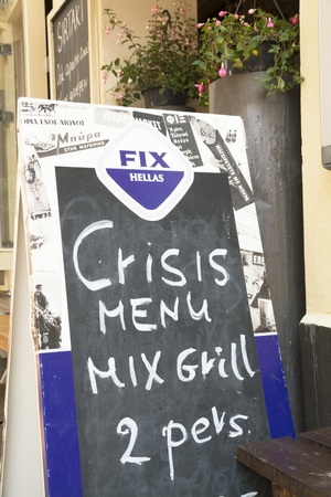 Greek restaurant in Utrecht, the Netherlands, offers a \"crisis menu\" at low price for two personsのeditorial素材
