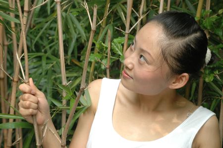 Chinese girl in park. Playing with bamboo trees.の写真素材