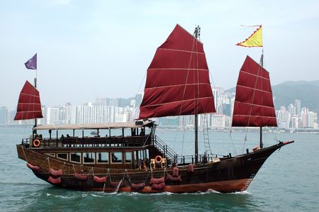 Hongkong, harbour between Kowloon and Hongkong Island with beautiful ship made in old style.の写真素材