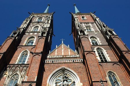 Poland, Wroclaw - old town with most famous and biggest cathedral. Front side with two amazing...