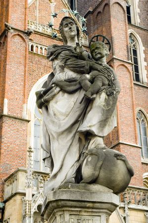 Saint Mary sculpture, Mother holding Jesus in front of Wroclaw's Cathedral, Poland. の写真素材