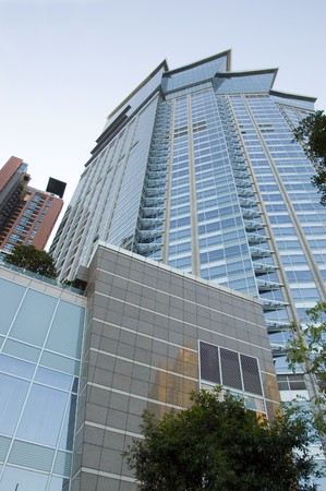 Modern hotel in Shenzhen city, China. Unique design architecture, newest skyscraper.