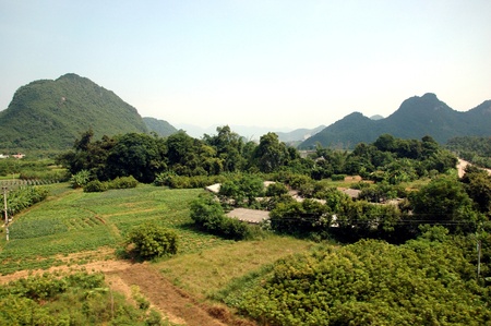 Green, natural landscape with rice fields in Chinese countryside, around town QingYuan in Guangdong province.の写真素材