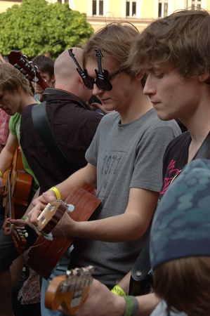 WROCLAW, POLAND - April 30: Guitars World Guinness Record, 5601 participants gather in front of Wroclaw's Town Hall on April 30, 2011 to beat guitar mass participation record.  のeditorial素材