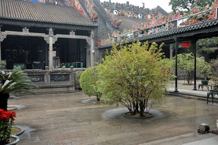 Chen Family Temple, traditional Chinese architecture in Guangzhou. Unique buildings and atriums with bonsai bushes.のeditorial素材