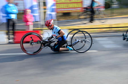 WROCLAW, POLAND - SEPTEMBER 13: Unidentified female rider during special horizontal bike race arranged on 13th September 2015  in Wroclaw, Poland.のeditorial素材