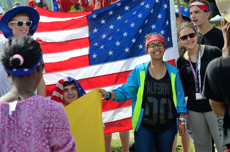 TRZEBNICA, POLAND - JULY 25: World Youth Day, pilgrims from USA visit St. Jadwiga Sanctuary on 25th July 2016 in Trzebnica.のeditorial素材