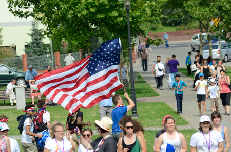 TRZEBNICA, POLAND - JULY 25: World Youth Day, pilgrims from USA visit St. Jadwiga Sanctuary on 25th July 2016 in Trzebnica.のeditorial素材