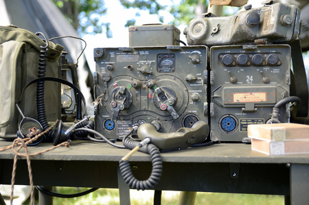 WROCLAW, POLAND - JUNE 3: Reconstruction groups rally. Militarians fan gathering, people in uniforms, historical vehicles and weapons. Vintage radio station from Vietnam War on June 3rd 2017 in Wroclaw.のeditorial素材