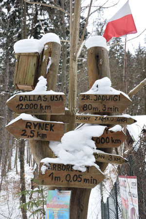 LADEK ZDROJ, POLAND - 16th February 2021: signpost covered with snow, showing different directions and distance.のeditorial素材