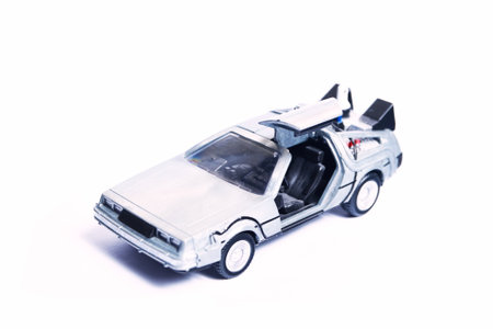 Special car from Back to The Future movie. DeLorean toy car made of cast iron and plastic.のeditorial素材