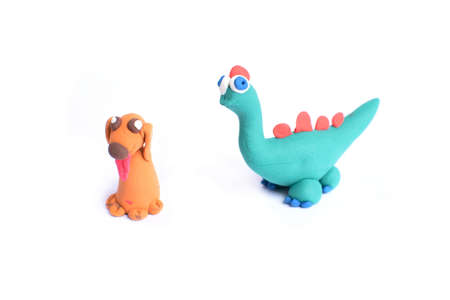 Hand made figurines, funny creatures made of plastic mass, modeling clay. Fancy, colorful characters.の写真素材