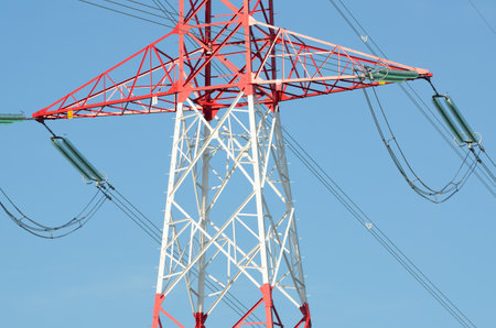 New electric pole in Lower Silesia, Poland. Modern and big pole providing electricity for different towns and villages in the area.の写真素材