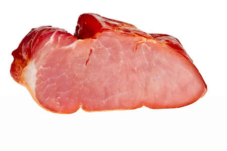 Smoked bacon closeup isolated over white background.の写真素材