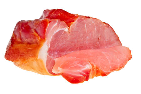 Smoked bacon closeup isolated over white background.の写真素材