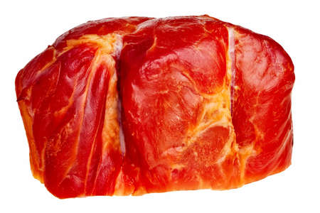 Smoked bacon closeup isolated over white background.の写真素材