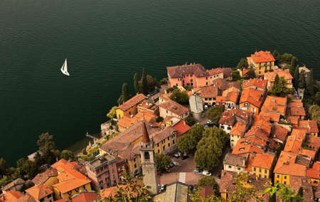 Lago di Como coastline town, aerial view.