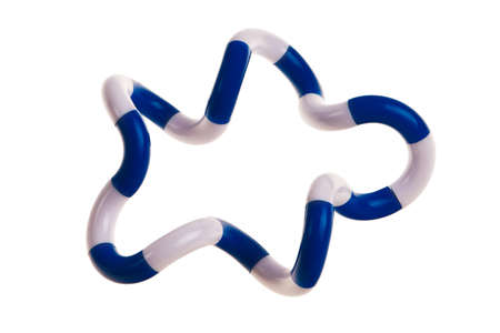 White and blue plastic pipe puzzle isolated over white background.の写真素材