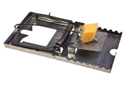 Metal mousetrap with cheese lure isolated over white background.の写真素材