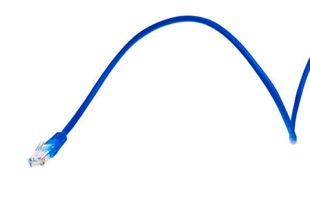 Blue patch cord with RJ45 plug isolated over white background.