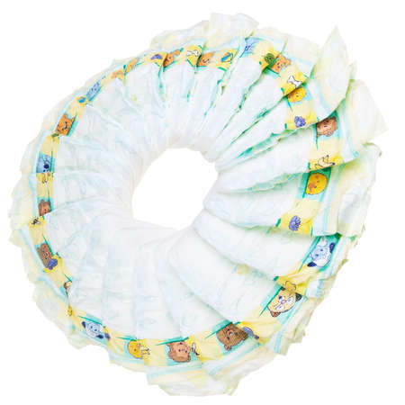 Disposable baby diapers laying in circular pattern.の写真素材