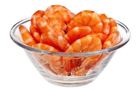 Fresh shrimps in glass cup isolated over white background.の写真素材